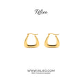 Pair of modern gold plated geometric hoop earrings on white background